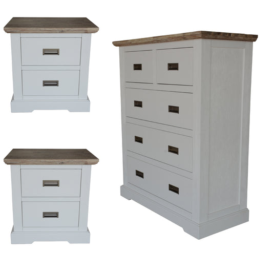 Fiona Set of 2 Bedside Table Tallboy Bedroom Furniture Package Set White Grey