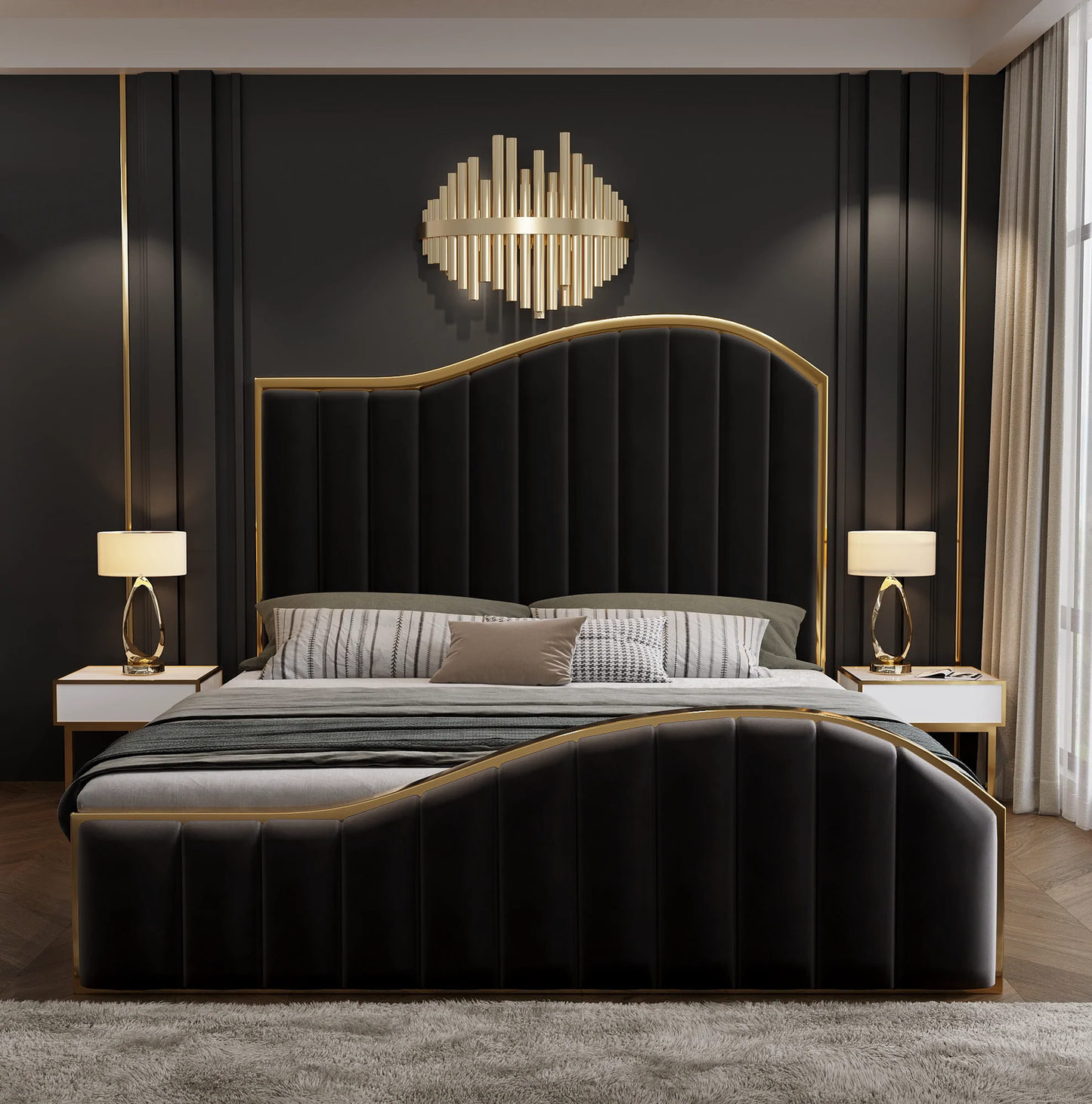 King Size Black Velvet Fabric Golden Metal Storage Elegant Luxury Bedframe