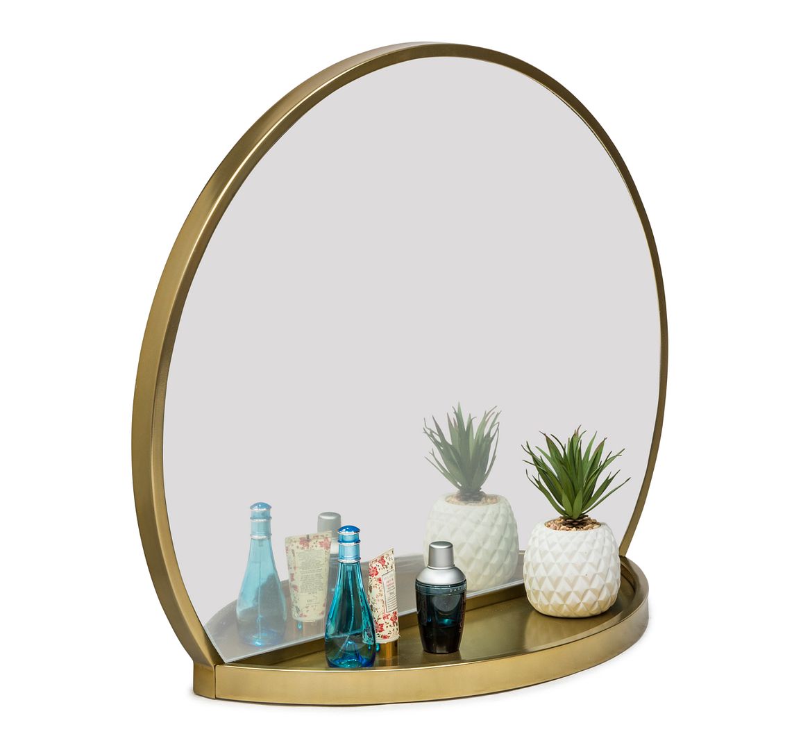 Round Table Wall Mirror with Shelf Storage in Brass Finish