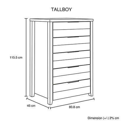 5 Pieces Bedroom Suite Natural Wood Like MDF Structure King Size Oak Colour Bed, Bedside Table, Tallboy & Dresser