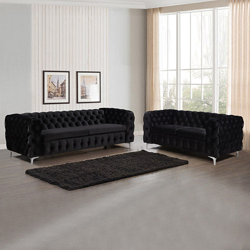 3+2 Seater Sofa Classic Button Tufted Lounge in Black Velvet Fabric with Metal Legs