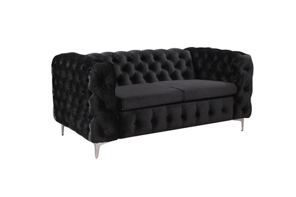 2 Seater Sofa Classic Button Tufted Lounge in Black Velvet Fabric with Metal Legs