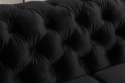 2 Seater Sofa Classic Button Tufted Lounge in Black Velvet Fabric with Metal Legs