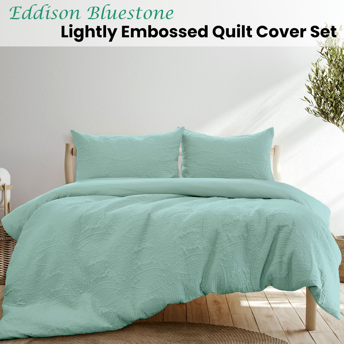 Ardor Eddison Bluestone Light Quilted Embossed Quilt Cover Set Queen