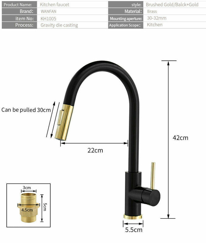 2023 Brushed Gold Spout Matte Black pull out with spray function kitchen mixer tap faucet