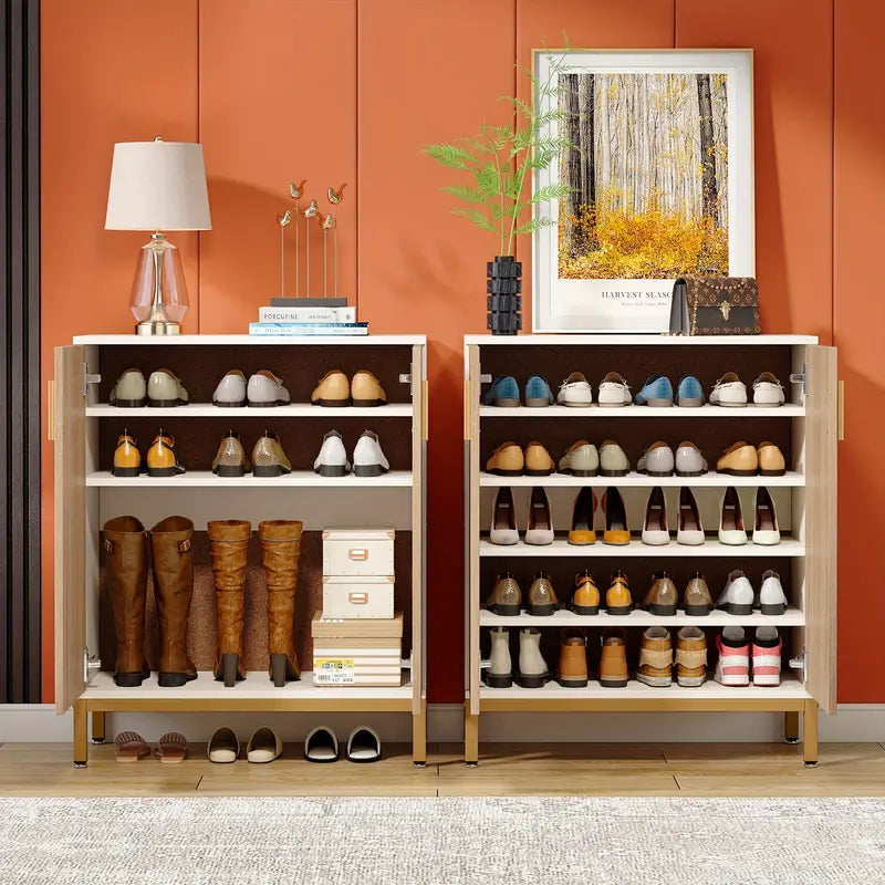 5-Tier Shoe Cabinet with Geometric Pattern Doors-White/Natural