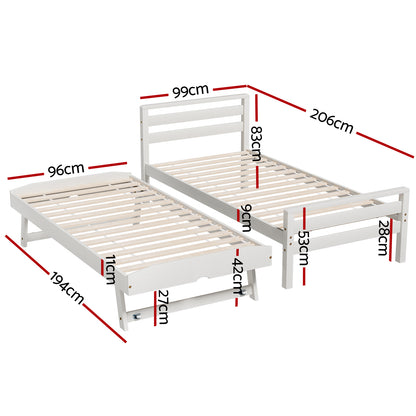 Bed Frame Single Size 2-in-1 Trundle Wooden White AVIS