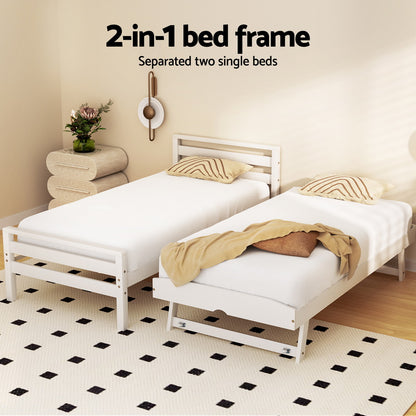 Bed Frame Single Size 2-in-1 Trundle Wooden White AVIS