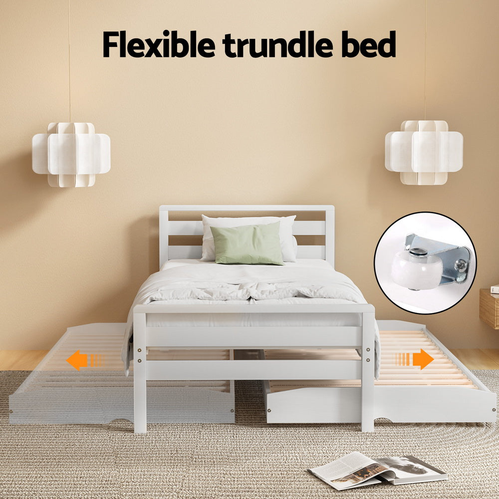 Bed Frame Single Size 2-in-1 Trundle Wooden White AVIS