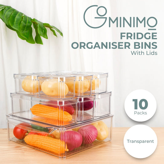 10 Pack Clear Stackable Fridge Organiser Bins with Lids